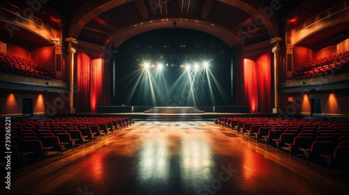 Empty auditorium with rows of seats facing a grand stage, anticipation of a performance, focusing on the architectural beauty and grandeur of a modern theater, photo