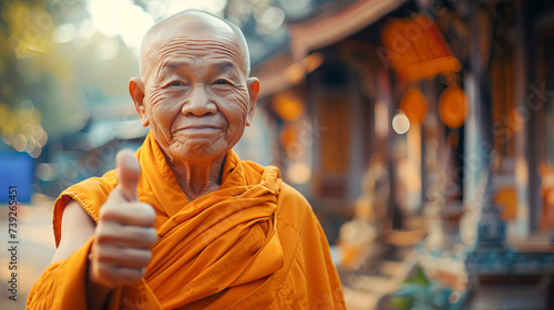 Old Tibetan monk showing thumbs up against blurred orange background with free space photo