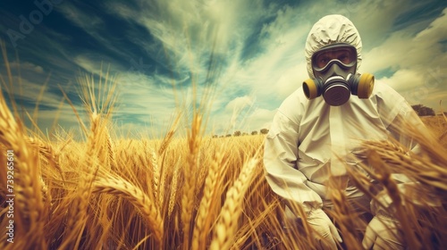 Person in a hazmat suit and gas mask standing in a wheat filed. Concept of toxic pesticide usage.	
 photo