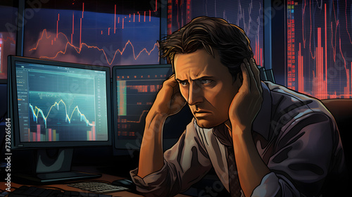 Stressed Trader Amidst Glowing Screens
