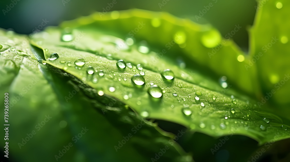 Raindrops on green leaves in nature close-up Raindrops on green leaves in nature close-up