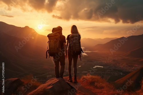 woman and man hikers with backpacks standing on the top of the mountain and enjoying the beautiful sunrise