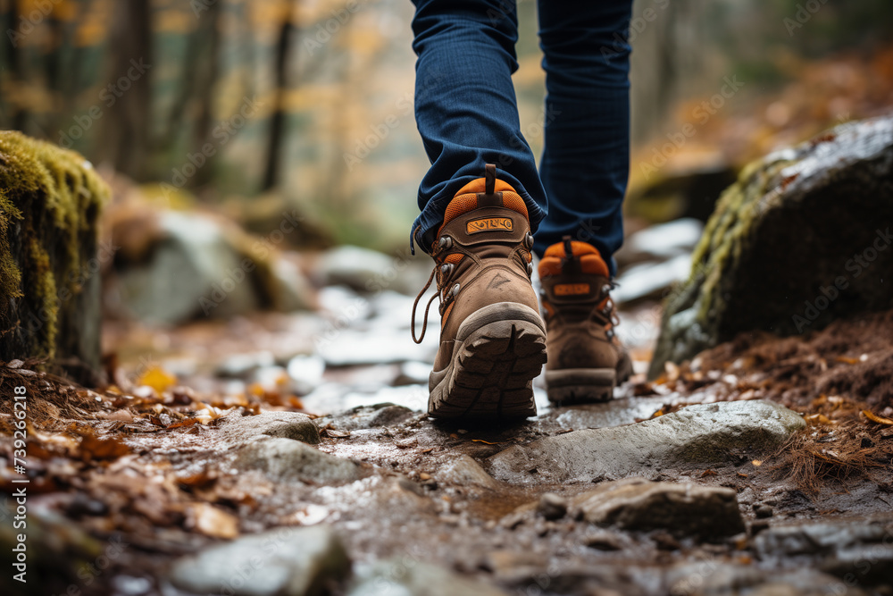 man hiker legs walking on trail in forest. healthy lifestyle concept man hiker legs walking on trail in forest. healthy lifestyle concept