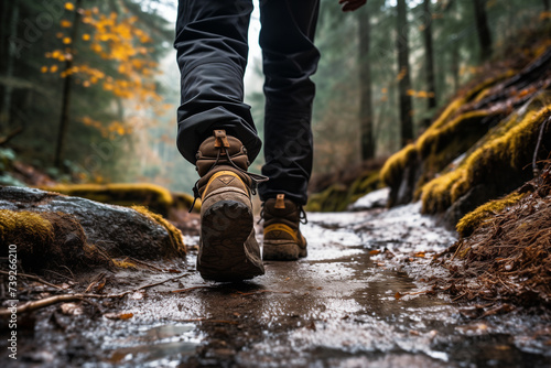 A man walking on a path in the autumn forest. Hiking in the mountains.