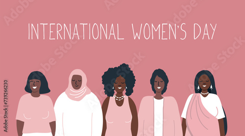 Women stand together. International Women's Day concept. Women's community. Female solidarity. Diverse group of women. Vector illustration in pink colors