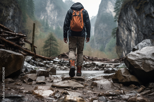 A man walking on a path in the autumn forest. Hiking in the mountains.