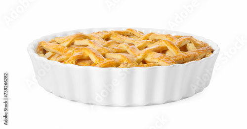Tasty homemade quince pie isolated on white