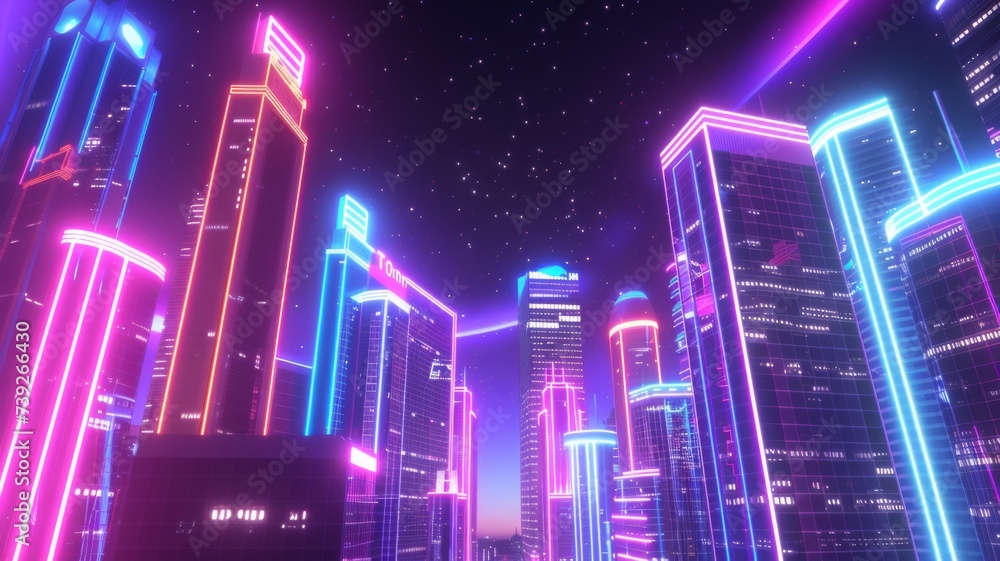 Futuristic Cityscape in Purple Hues - A digital rendering of a cityscape glowing in mesmerizing purple tones, evoking a sense of advanced urban technology.
