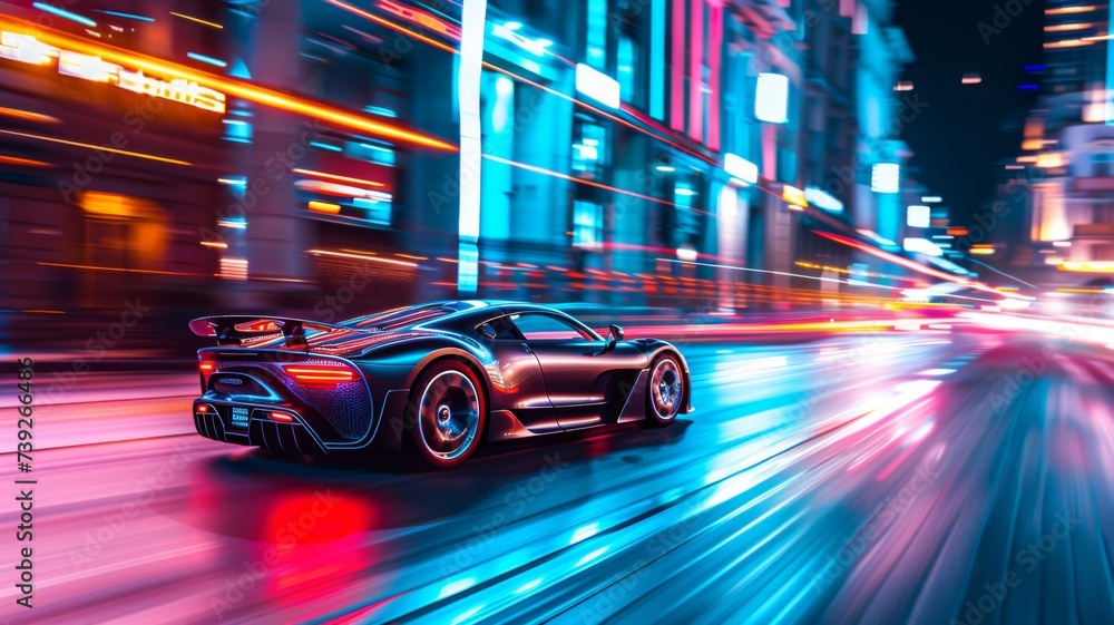 Neon Speed - Supercar Racing - The exhilaration of speed is encapsulated in this image of a supercar blazing through a city at night, illuminated by the neon cityscape. It's a celebration of automotiv