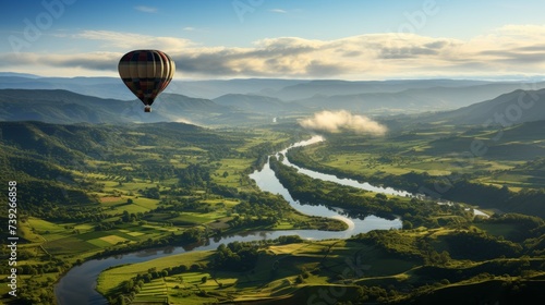 Aerial view of a landscape from a hot air balloon, patchwork fields and rivers below, early morning light, capturing the unique perspective and tranquility of b