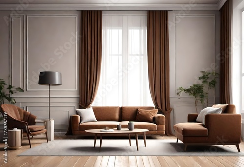 Interior design of modern living room with stylish sofa, armchair and furnitures, beautiful decorations, brown accessories. Home decor. Template. Generative AI © Muhammad Faizan