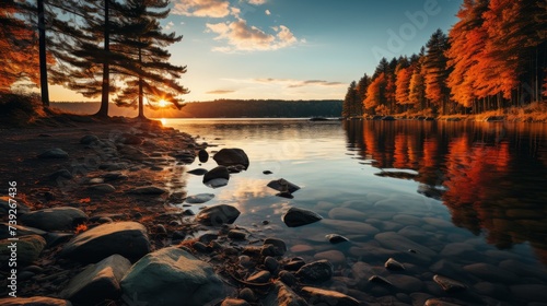 An autumnal forest lake, the water a canvas of reflected fall colors, leaves floating gently on the surface, the scene a harmonious celebration of seasonal chan