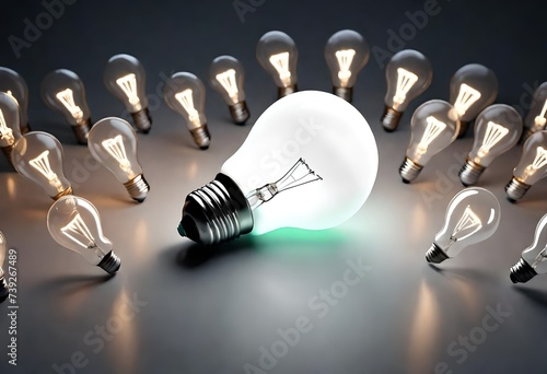 One of Lightbulb glowing among shutdown light bulb in dark area with copy space for creative thinking , problem solving solution and outstanding concept by 3d rendering technique 3d render