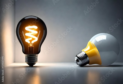 One of Lightbulb glowing among shutdown light bulb in dark area with copy space for creative thinking , problem solving solution and outstanding concept by 3d rendering technique 3d render