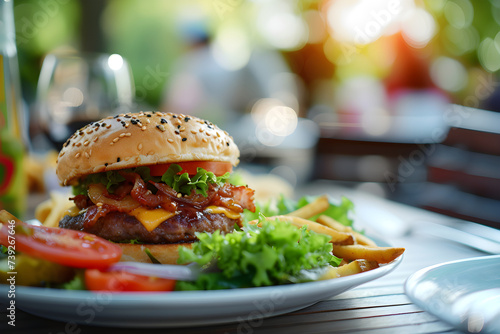 burger and fries in the kitchen  wooden table  copy space  ketchup. hamburger  diner  american lunch  fast food  junk food. cafe or restaurant menu ad. 