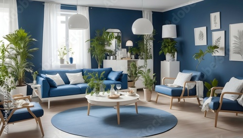 Rénovation restauration de vieux salon en un nouveau salon style IKEA de couleur bleu et blanc avec des canapés cuir une table basse ronde un seul blanc et des plantes photo