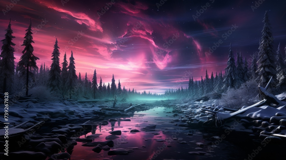 Aurora Borealis illuminating the night sky over a snowy landscape, pine trees in silhouette, vibrant green and purple lights, showcasing the magic of polar ligh
