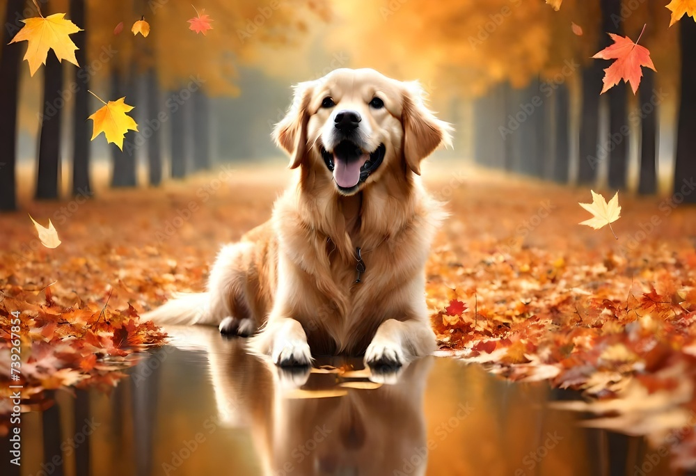 Happy golden retriever dog on Autumn nature background, wide web banner. Autumn activities for dogs. Fall Care Advice For Dogs. Preparing dog for walks in autumn and fireworks. Generative AI - obrazy, fototapety, plakaty 