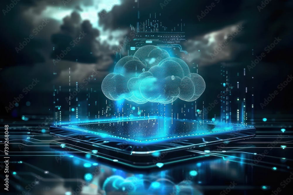 Cloud technology concept on tablet or electronic panel symbolizing online data storage abstract digital networking and cloud computing highlighting and security in modern business and communication Cloud technology concept on tablet or electronic panel symbolizing online data storage abstract digital networking and cloud computing highlighting and security in modern business and communication