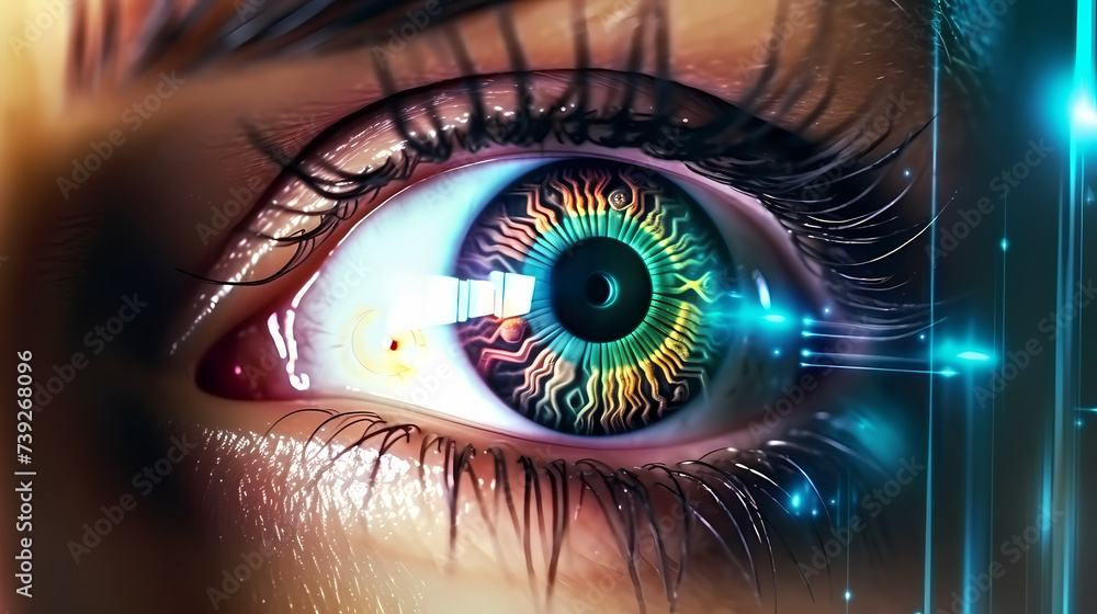 Close-up of human eye with futuristic digital overlay, technology concept Close-up of human eye with futuristic digital overlay, technology concept