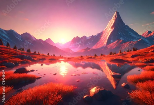 A vibrant sunrise illuminating a serene mountain range. Generative AI