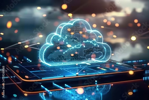 Cloud technology concept on tablet or electronic panel symbolizing online data storage abstract digital networking and cloud computing highlighting and security in modern business and communication