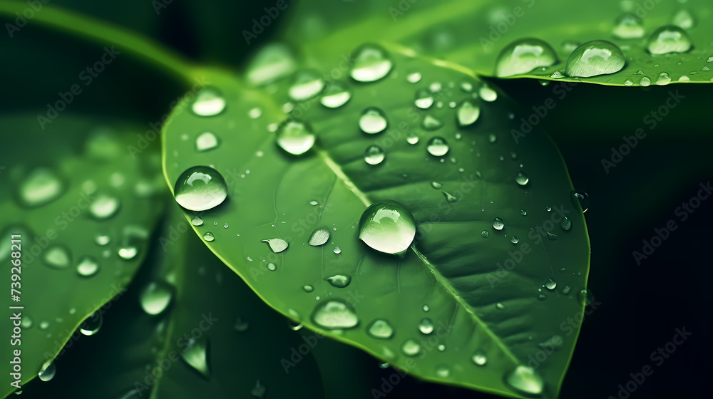Raindrops on green leaves in nature close-up Raindrops on green leaves in nature close-up