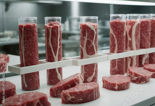 Meat sample plastic cell culture dish in modern laboratory or production facility. Clean cell-based meat concept. Muscle and connective tissue cultured in vitro from animal cells.