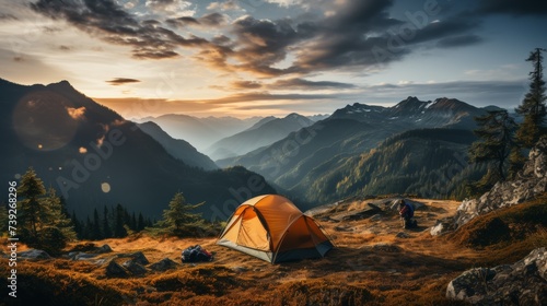 Campsite in a remote area at dawn, tent set up with a view of mountains in the distance, conveying the peacefulness and beauty of camping in nature, Photorealis photo