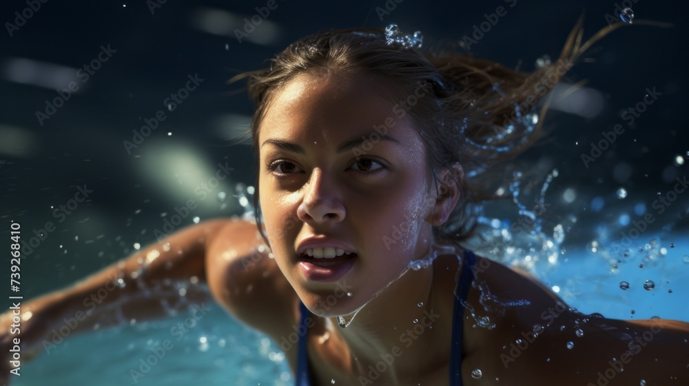 Close-up of a beautiful woman swimming in the pool, actively relaxing on weekends and doing her favorite hobby.