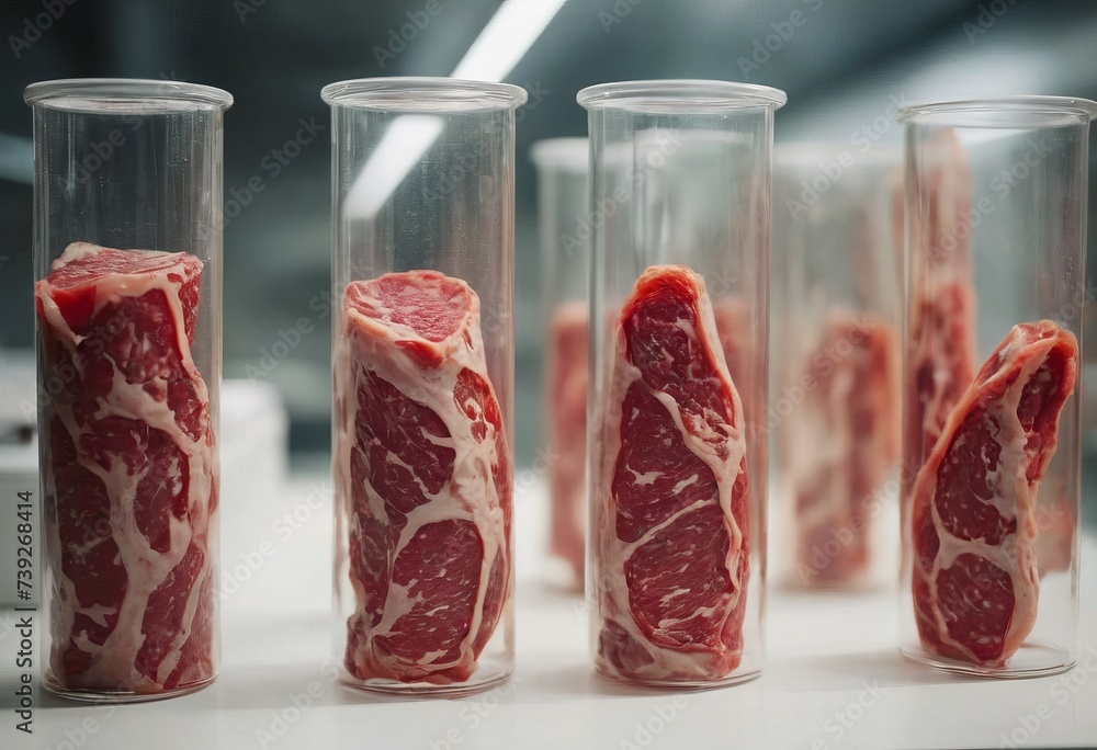 Meat sample plastic cell culture dish in modern laboratory or production facility. Clean cell-based meat concept. Muscle and connective tissue cultured in vitro from animal cells. Meat sample plastic cell culture dish in modern laboratory or production facility. Clean cell-based meat concept. Muscle and connective tissue cultured in vitro from animal cells.