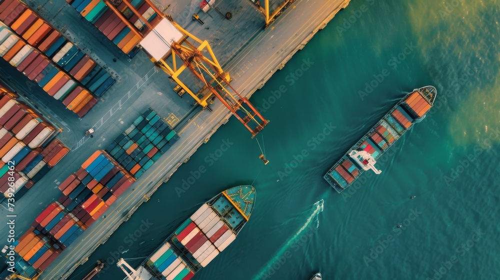 Top view of Container Ship in Export and Import Business Logistics - Overhead view of a container ship at sea, representing the import and export activities in international business logistics. - obrazy, fototapety, plakaty 