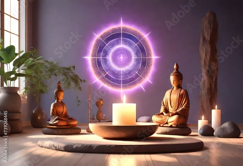 reiki crystals altar. Creating sacred meditaion space with good vibes for home  relaxation and mental health. Generative AI