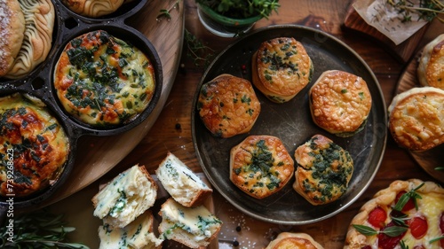 Savory Breakfast Selection - A variety of savory breakfast items, including cheese scones and herb rolls, served on a slate plate, ideal for a brunch spread. photo