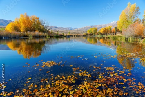 Autumn Tranquility by the Lake - Crystal clear reflections and golden autumn leaves create a serene lakeside view that encapsulates the peacefulness of nature in the fall. The calm water mirrors the c