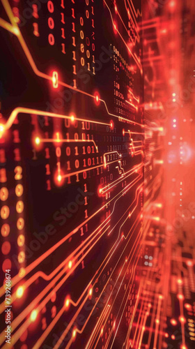 Digital Data Stream Network Concept - Red glowing circuit lines representing high-speed data transfer and connectivity in a digital network