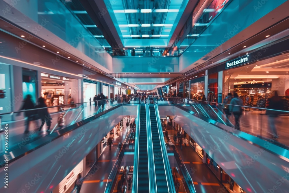 Futuristic Mall Escalator Motion - The dynamic motion of escalators in a futuristic shopping mall setting