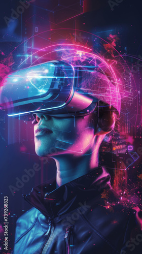 Cybernetic Vision of VR - A close-up of a person wearing a VR headset, illuminated by a network of cybernetic patterns, representing the fusion of human senses and virtual interfaces.