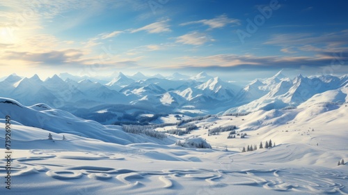 Alpine ski slopes at dawn, chairlifts and fresh ski tracks visible, mountains bathed in the soft morning light, capturing the excitement and beauty of skiing, P photo