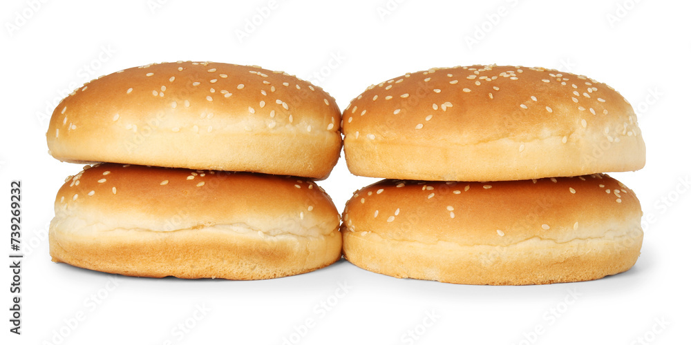 Many fresh hamburger buns isolated on white