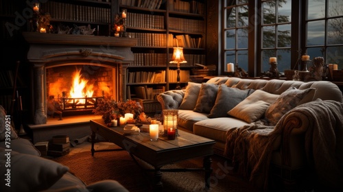 An inviting fireplace room, the fire crackling softly, a thick rug on the floor, and a stack of books waiting to be read, the room embodying warmth, relaxation, © ProVector