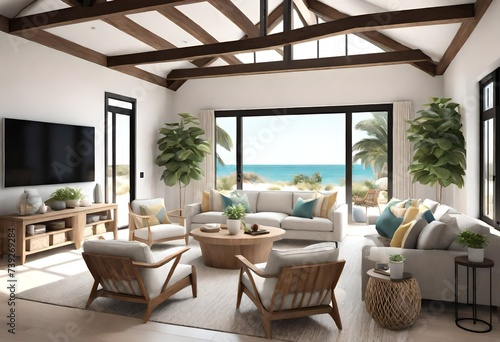 beautiful small space casual living family room soft neutral wood beams and a gorgeous grouping of swivel color fabric chairs around a striking coffee table coastal design nature freshness home    © Muhammad Faizan