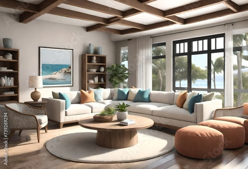 beautiful small space casual living family room soft neutral wood beams and a gorgeous grouping of swivel color fabric chairs around a striking coffee table coastal design nature freshness home    © Muhammad Faizan