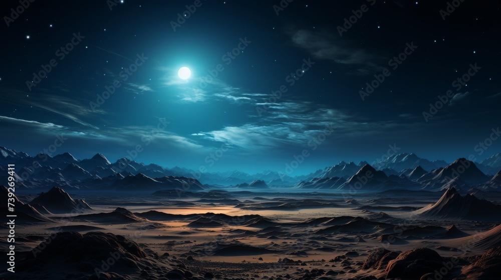 Desert dunes under a star-filled sky, sand patterns and textures visible, emphasizing the vastness and mystery of desert nightscapes, Photorealistic, desert nig