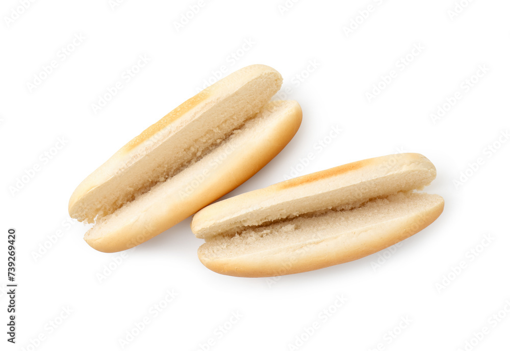 Two fresh hot dog buns isolated on white, top view Two fresh hot dog buns isolated on white, top view