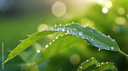 Raindrops on green leaves in nature close-up © jiejie