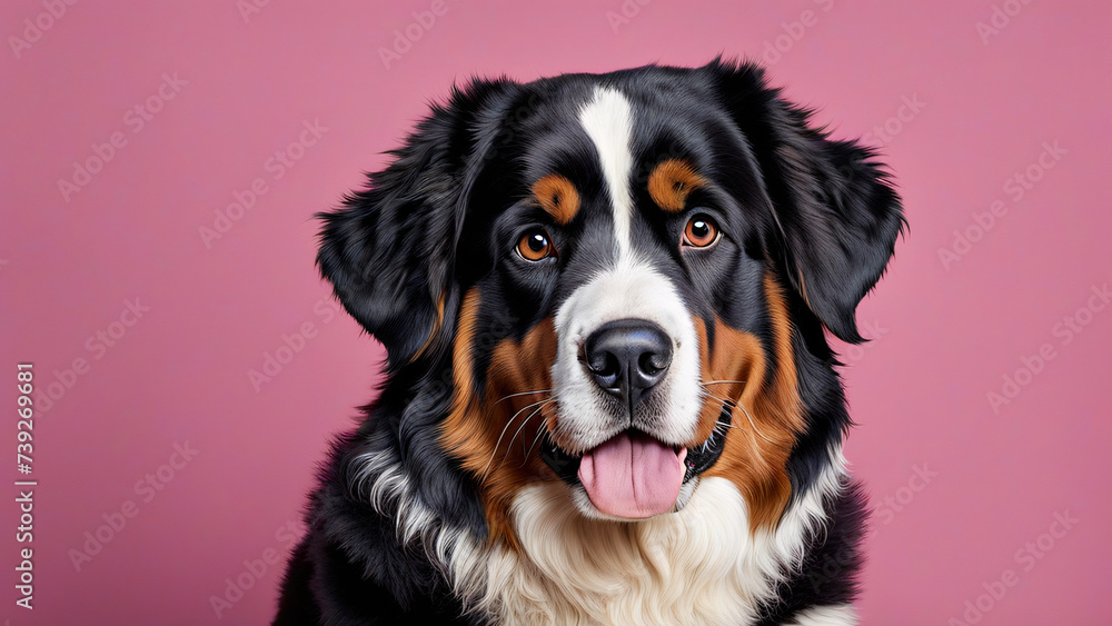 Portrait of a Bernese mountain dog on a color background.
