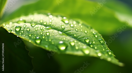 Raindrops on green leaves in nature close-up © jiejie