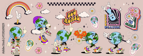 Set of vintage groovy characters and elements Save the planet concept for poster of sticker design. Retro character, hippie 70s style, walking Earth, save water, alternative energy. Retro vector set