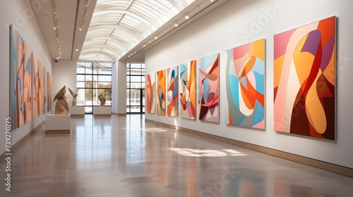 Abstract modern art installation in a gallery, colorful and geometric shapes, minimalist white walls, emphasizing the creativity and innovation of contemporary photo
